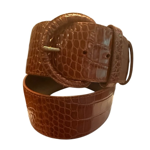 ECCOCI by Carlisle Brown Crocodile-Embossed 2” Leather Belt Size Large MSRP $328 - Picture 1 of 11